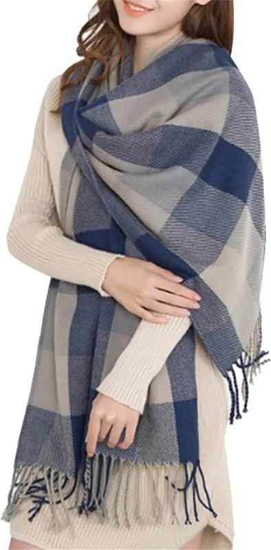 Miss Lulu Women Scarves Winter Long Soft Warm Tartan Check Wraps Wool Spinning Tassel Shawl Stole Scarf Ladies