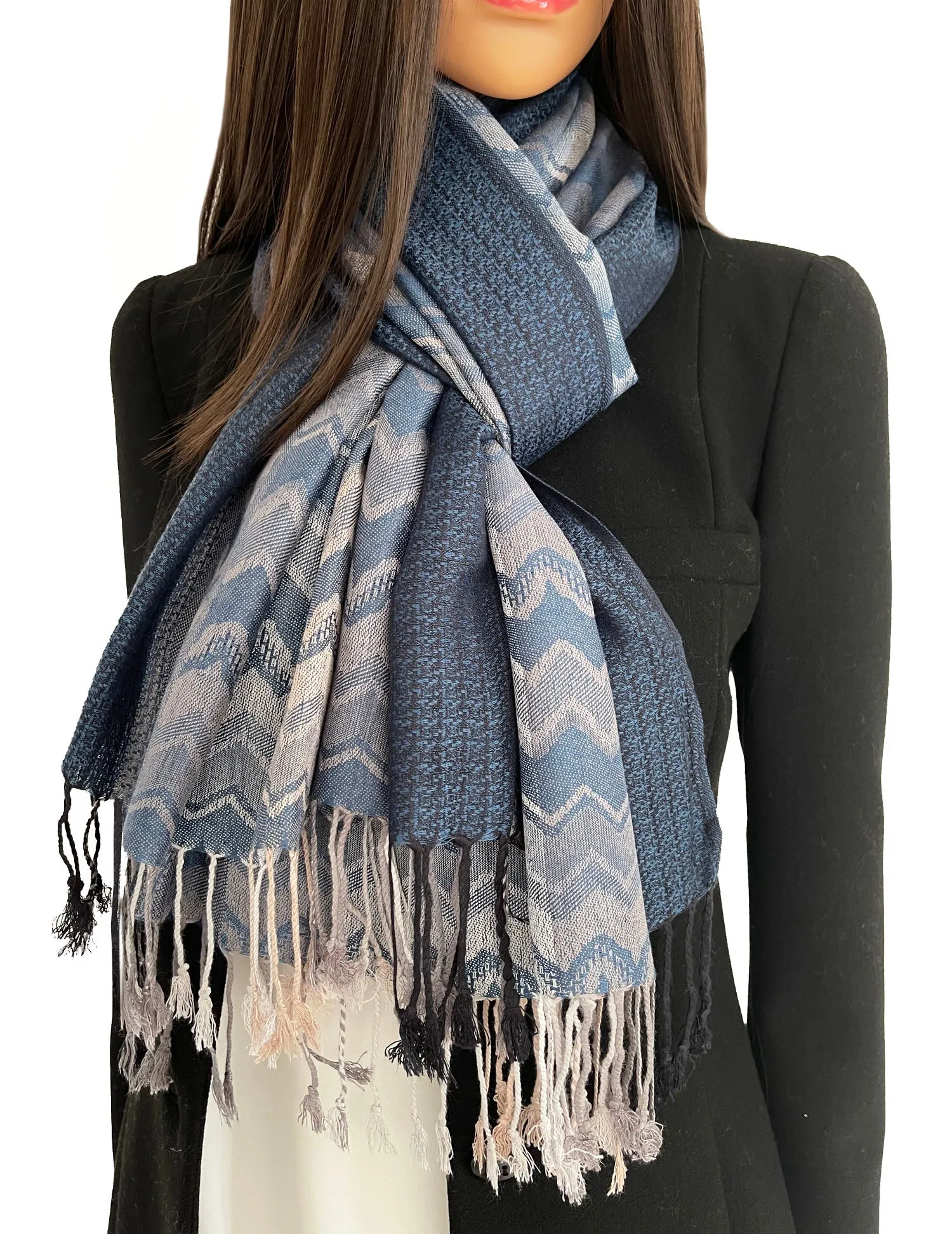 MULTICOLOUR NAVY WAVE PRINT PASHMINA SHAWL SCARF