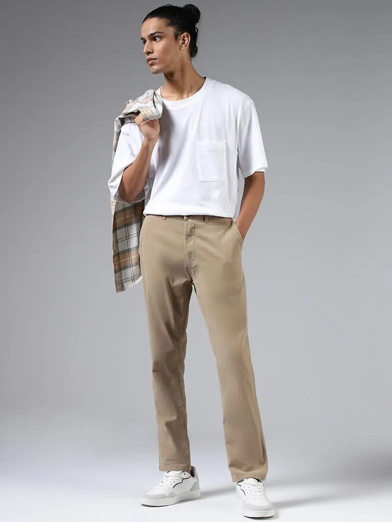 Nuon Solid Beige Cotton Slim-Fit Mid-Rise Chinos