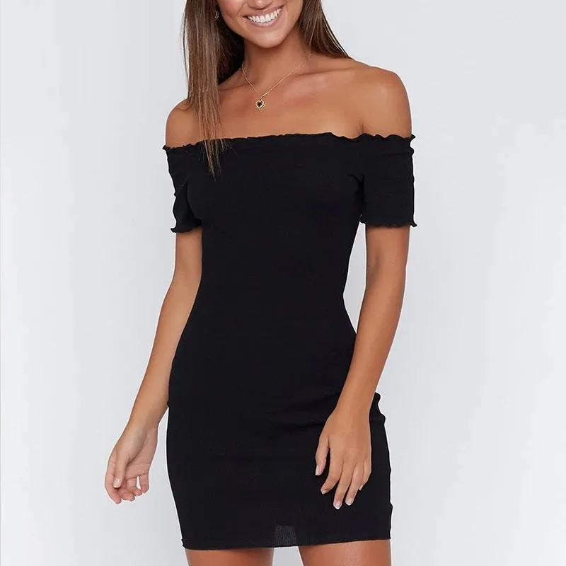 Off Shoulder Print Bodycon Dress Casual Ruffle Beach Summer Mini Dress