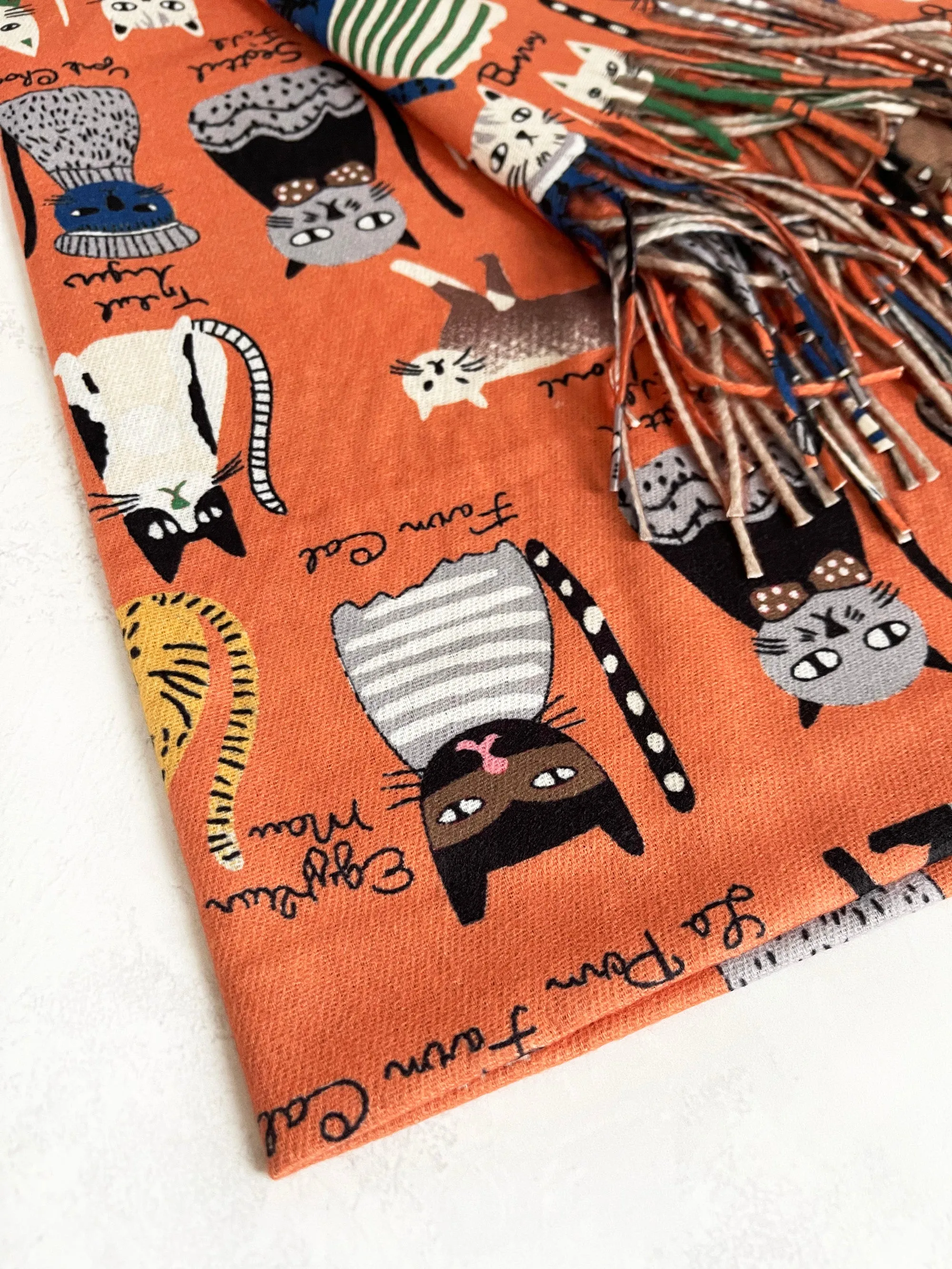 ORANGE CAT PRINT LONG LIGHTWEIGHT SCARF