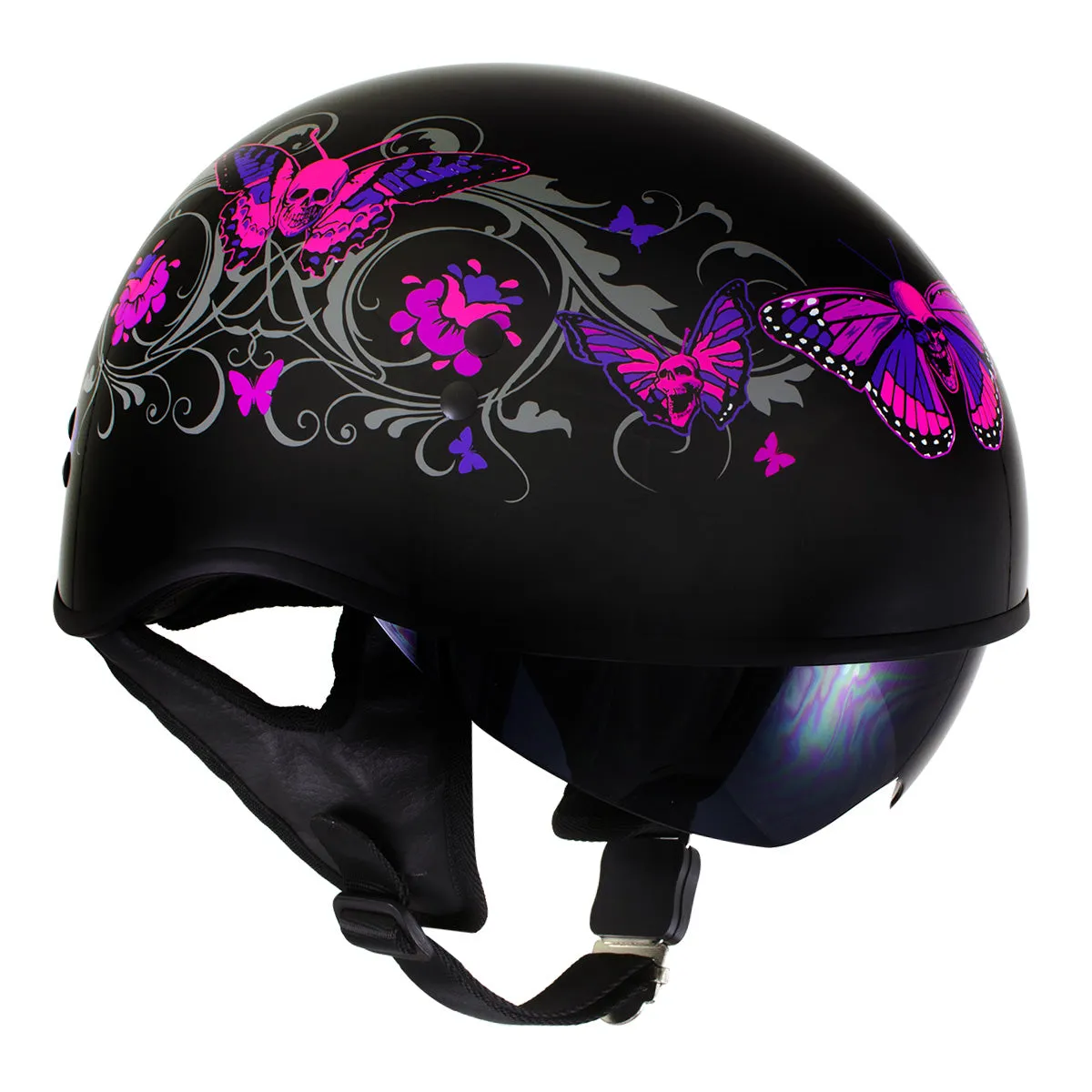 Outlaw T-72 'Flowers and Pink Skull Butterflies' Half DOT Helmet with Drop Down Tinted Visor