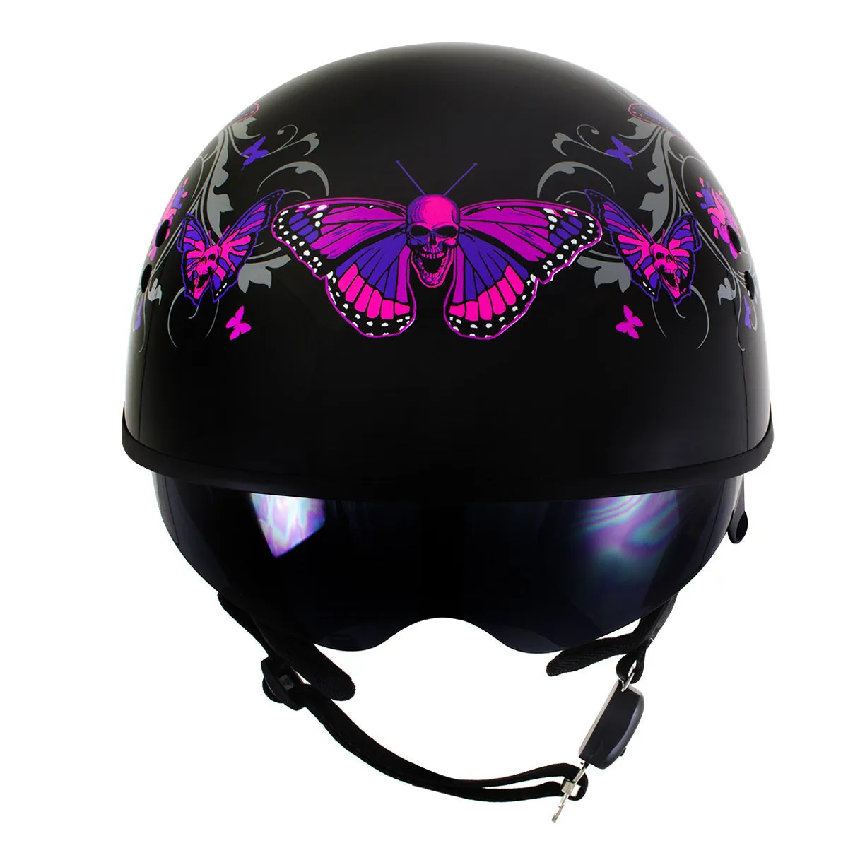 Outlaw T-72 'Flowers and Pink Skull Butterflies' Half DOT Helmet with Drop Down Tinted Visor