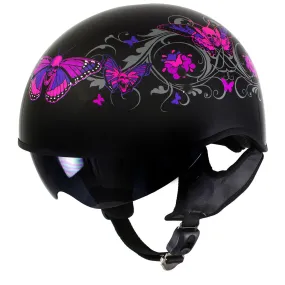 Outlaw T-72 'Flowers and Pink Skull Butterflies' Half DOT Helmet with Drop Down Tinted Visor