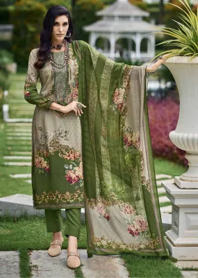 Pakistani Print Women's Pashmina Green Unstitched Winter Suit Fabric