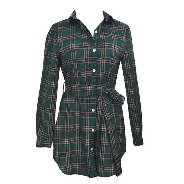 Plus Size Plaid Casual High Waist Buttons Long Sleeve Office Bodycon Dress