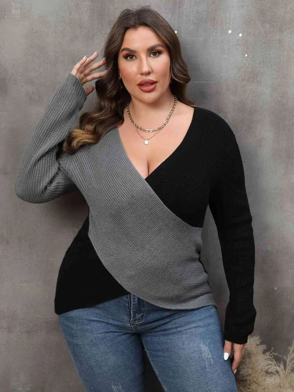 Plus Size Two-Tone Surplice Neck Sweater