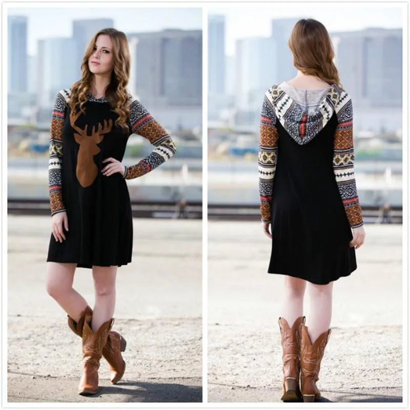 Print Elk Hooded Stitching Christmas Mini Dress