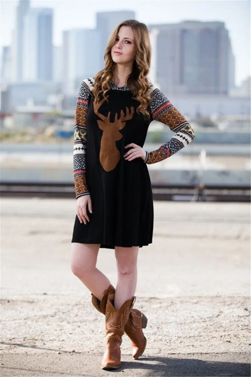 Print Elk Hooded Stitching Christmas Mini Dress