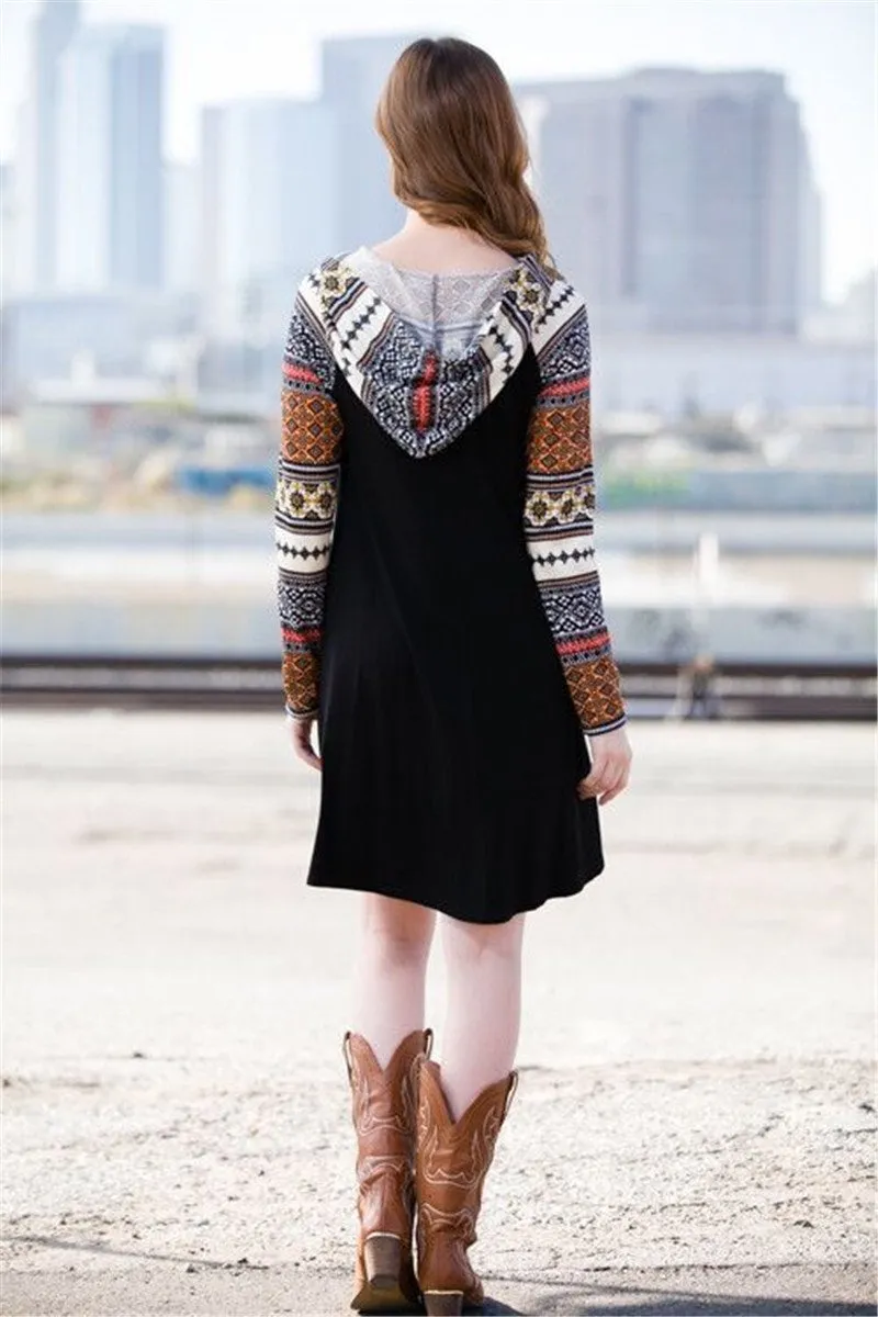 Print Elk Hooded Stitching Christmas Mini Dress