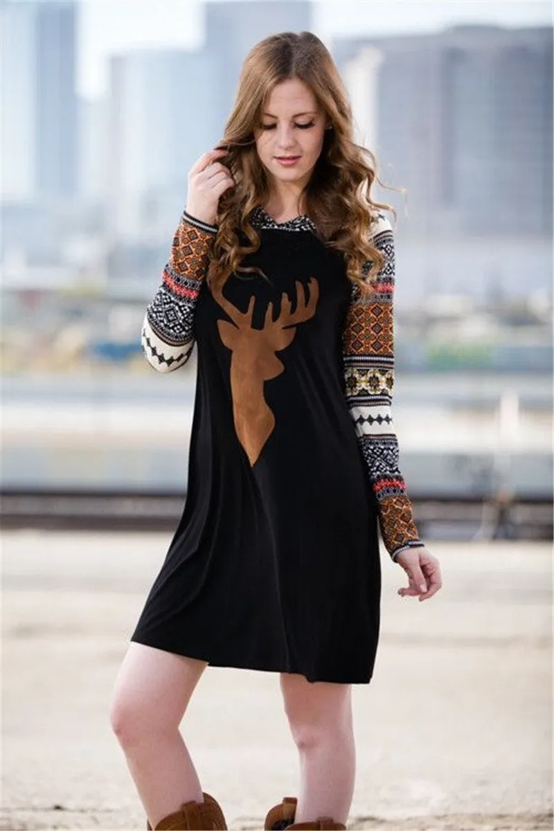 Print Elk Hooded Stitching Christmas Mini Dress