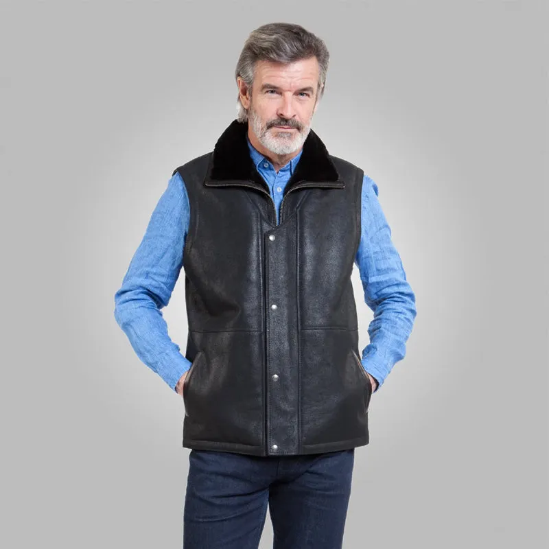 Purchase the Best: Winter Black Leather Shearling Vest – 30% Off at Rfx Leather