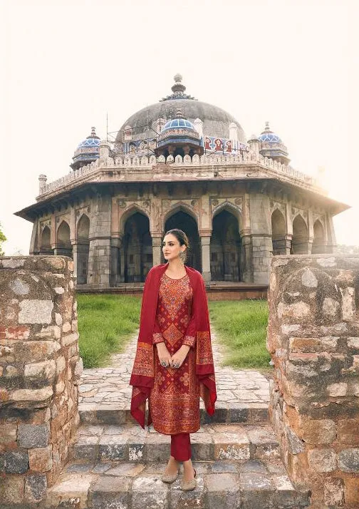 Pure Handloom Weaving Pashmina Red Winter Suits Set