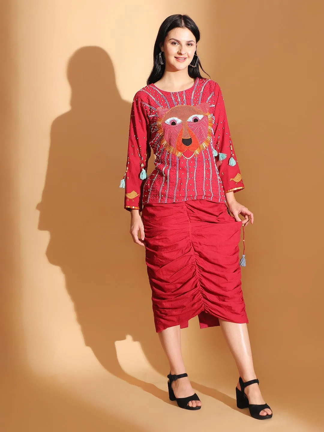 Red Gond Artwork Top & Skirt