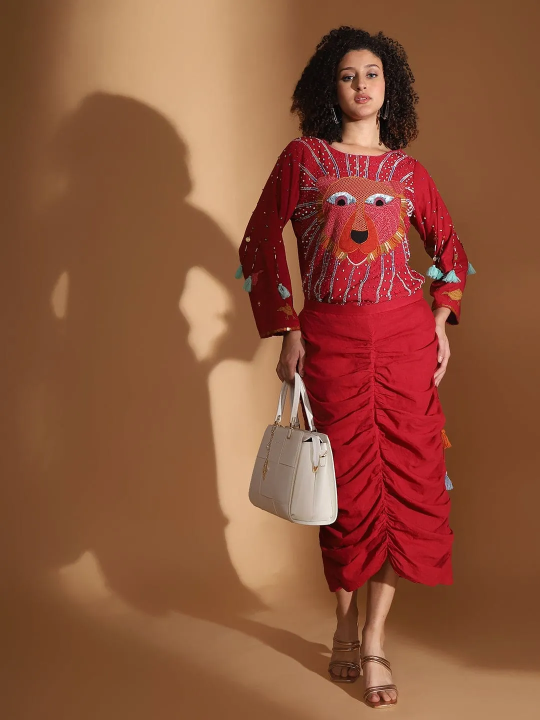 Red Gond Artwork Top & Skirt