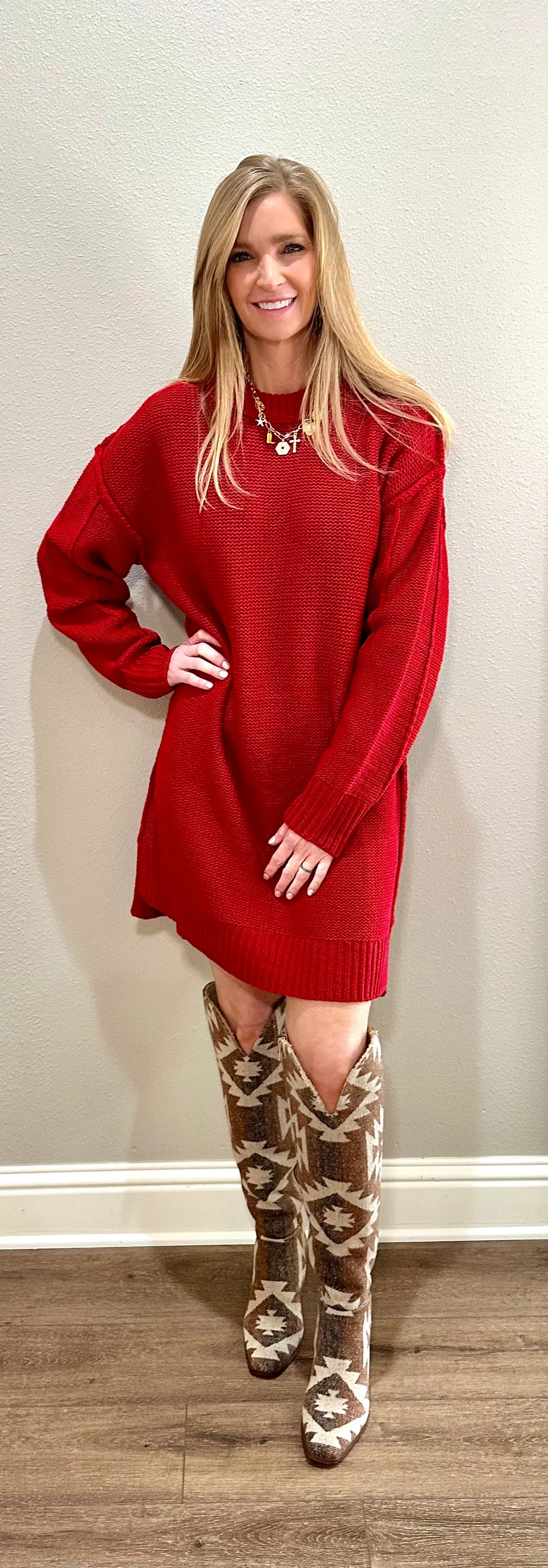 Red Oversized Knit Sweater Dress