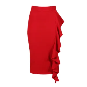 Red Waterfall Ruffle Pencil Skirt