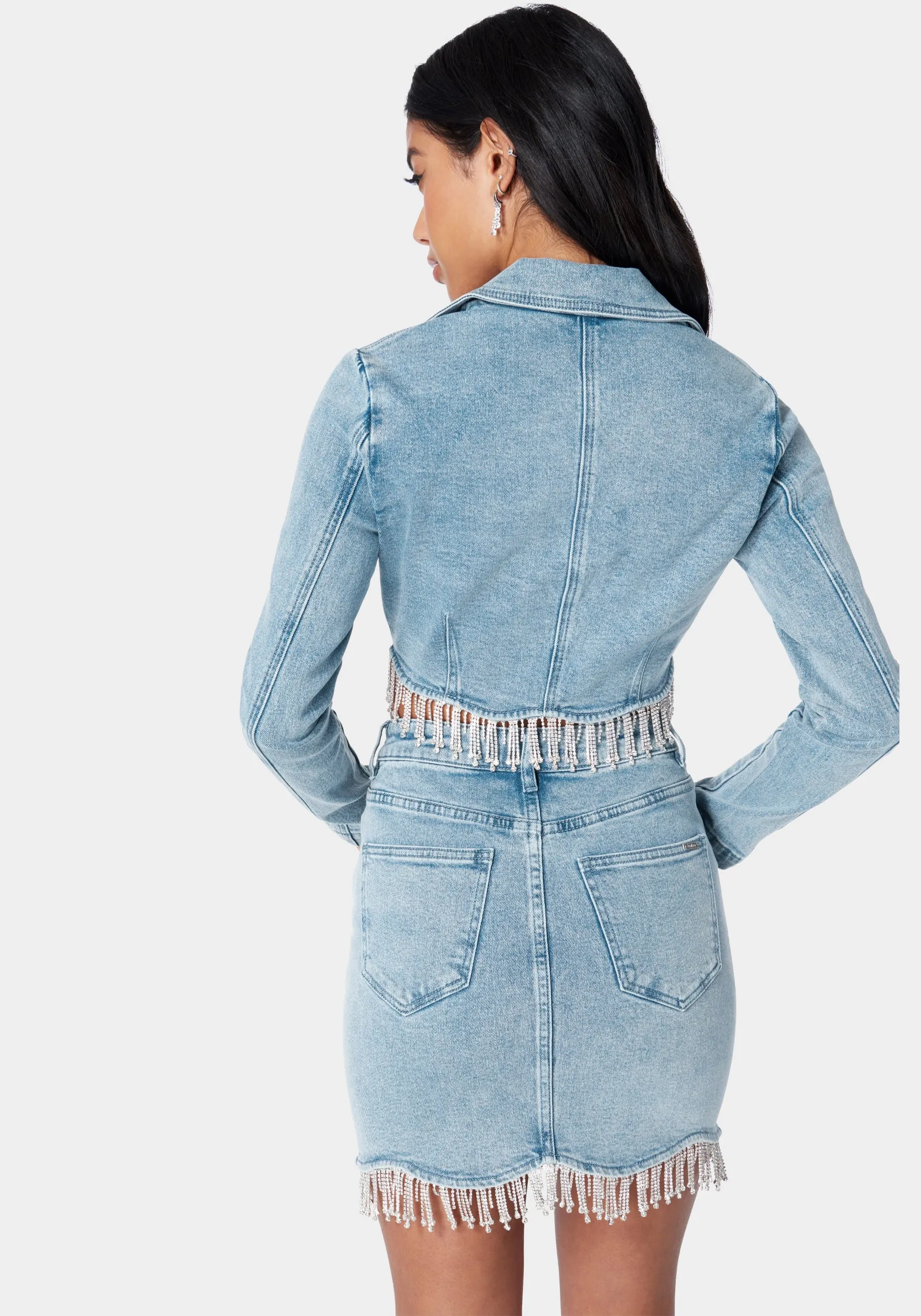 Rhinestone Hem Tailored Denim Jacket