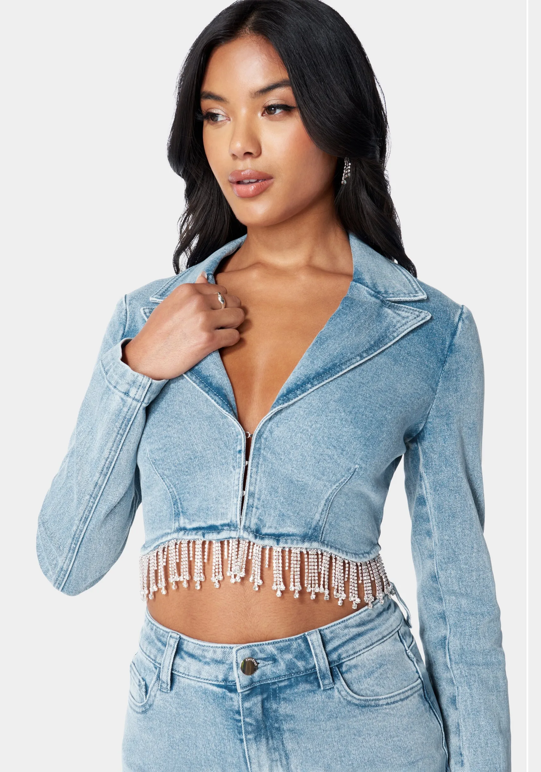 Rhinestone Hem Tailored Denim Jacket