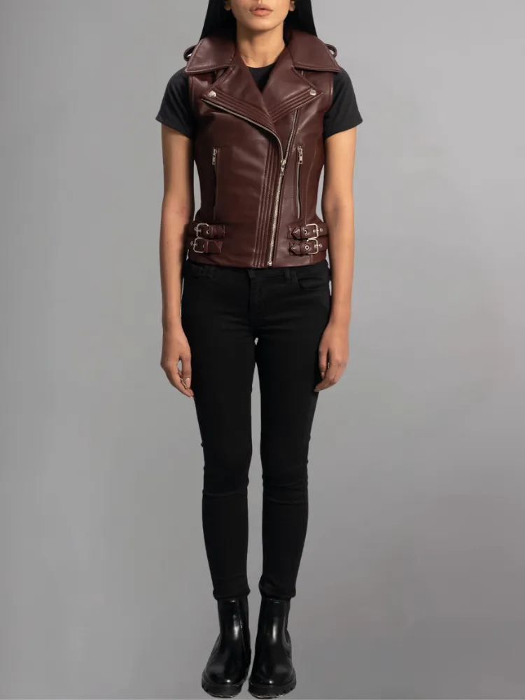 Rhonda Maroon Leather Biker Vest