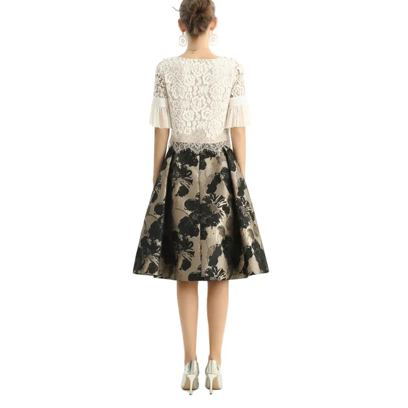 S137-1 Women metallic floral jacquard inverted pleat A-line midi skirt