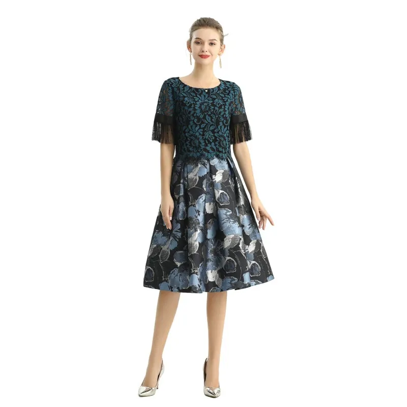 S137-1 Women metallic floral jacquard inverted pleat A-line midi skirt