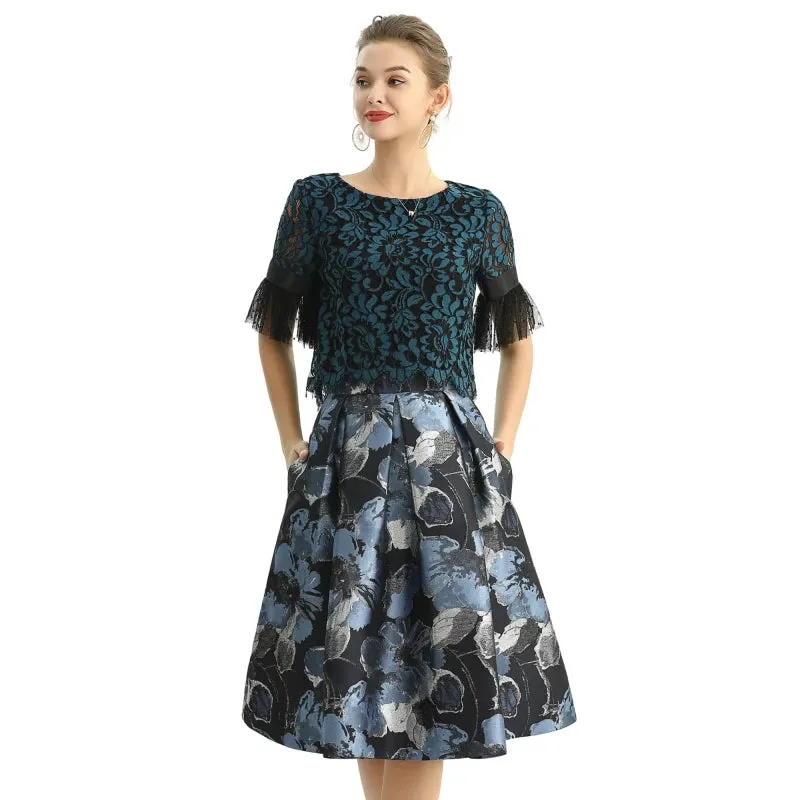 S137-1 Women metallic floral jacquard inverted pleat A-line midi skirt