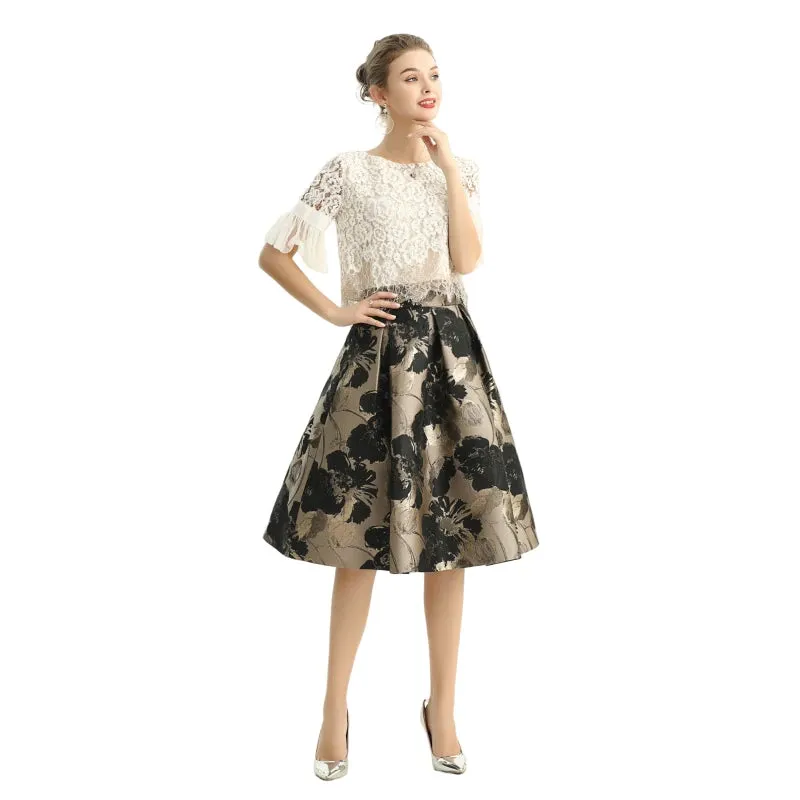 S137-1 Women metallic floral jacquard inverted pleat A-line midi skirt