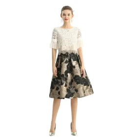 S137-1 Women metallic floral jacquard inverted pleat A-line midi skirt