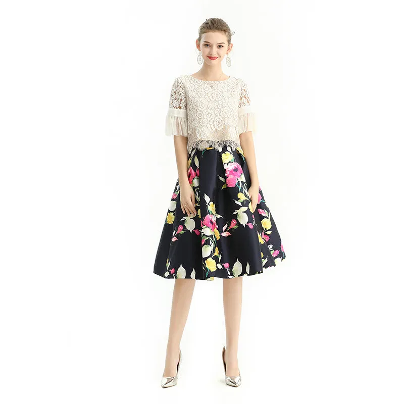 S137 Women floral print inverted pleat A-line midi skirt