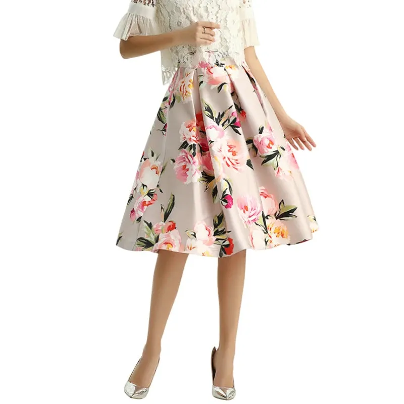 S137 Women floral print inverted pleat A-line midi skirt