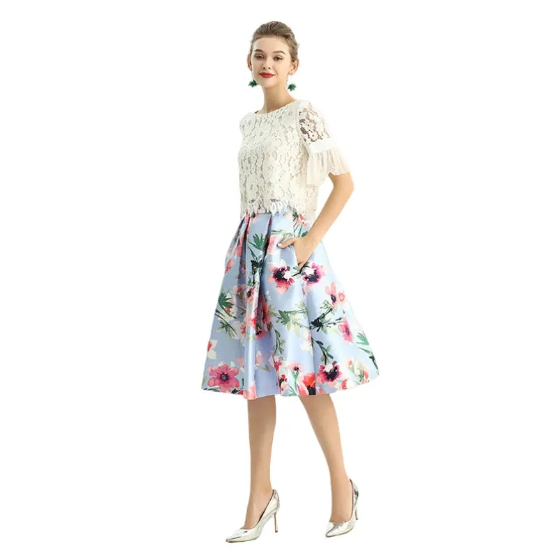 S137 Women floral print inverted pleat A-line midi skirt