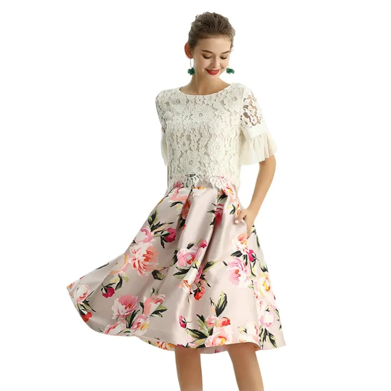 S137 Women floral print inverted pleat A-line midi skirt