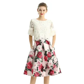 S137 Women floral print inverted pleat A-line midi skirt