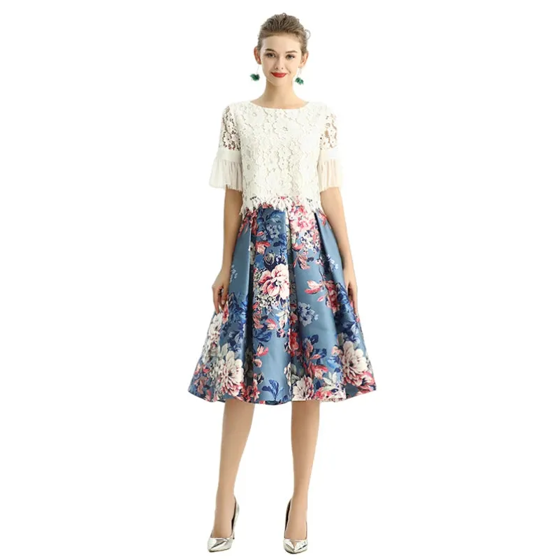 S137 Women floral print inverted pleat A-line midi skirt