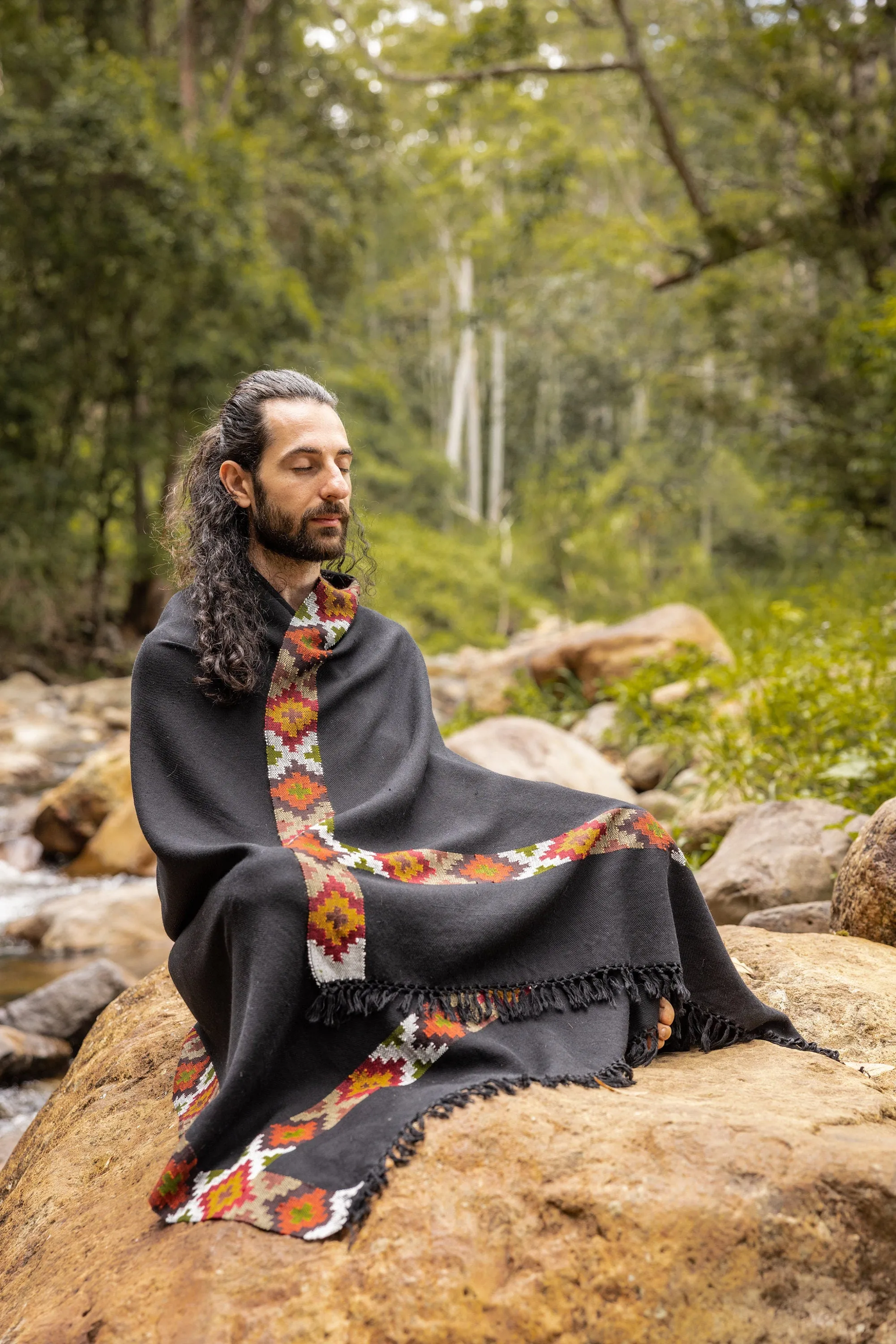 SADHU Black Handwoven Shawl Wool Meditation Prayer Scarf Blanket Premium Pure Cashmere Winter Tribal Zen Embroidery Boho Wrap AJJAYA