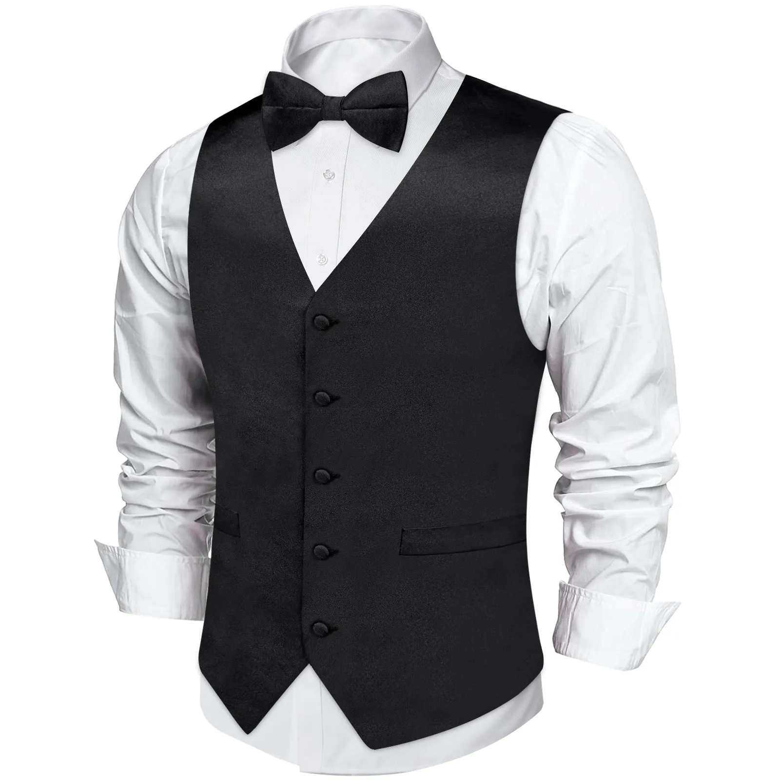 Satin Black Solid Men's Vest Bow Tie Set