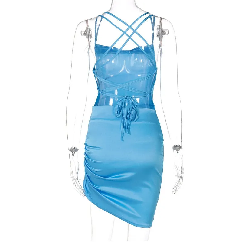 Satin Strap Mini Ruched Lace Up Cross Bandage Backless Bodycon Party Elegant Club Beach Slim Dress