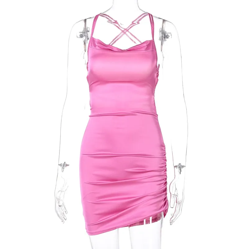 Satin Strap Mini Ruched Lace Up Cross Bandage Backless Bodycon Party Elegant Club Beach Slim Dress