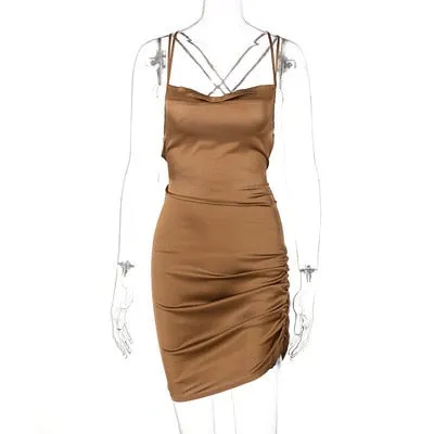 Satin Strap Mini Ruched Lace Up Cross Bandage Backless Bodycon Party Elegant Club Beach Slim Dress