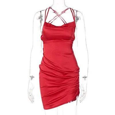 Satin Strap Mini Ruched Lace Up Cross Bandage Backless Bodycon Party Elegant Club Beach Slim Dress