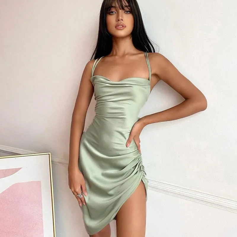 Satin Strap Mini Ruched Lace Up Cross Bandage Backless Bodycon Party Elegant Club Beach Slim Dress