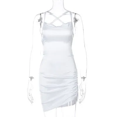 Satin Strap Mini Ruched Lace Up Cross Bandage Backless Bodycon Party Elegant Club Beach Slim Dress