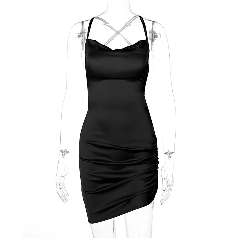 Satin Strap Mini Ruched Lace Up Cross Bandage Backless Bodycon Party Elegant Club Beach Slim Dress