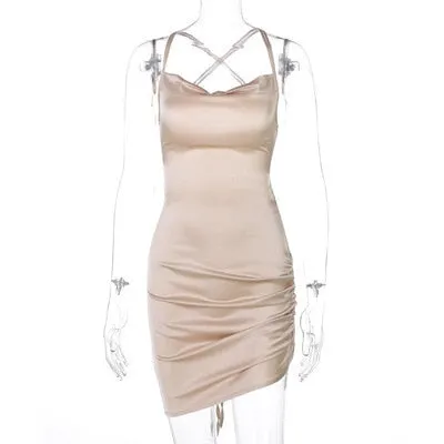 Satin Strap Mini Ruched Lace Up Cross Bandage Backless Bodycon Party Elegant Club Beach Slim Dress