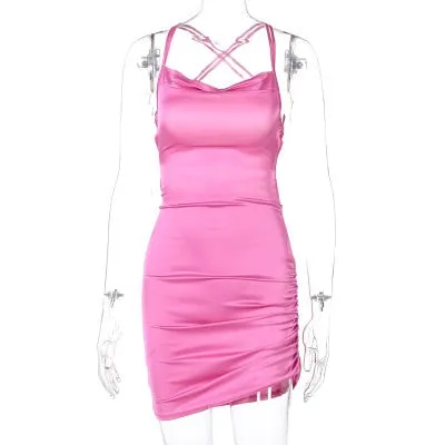 Satin Strap Mini Ruched Lace Up Cross Bandage Backless Bodycon Party Elegant Club Beach Slim Dress