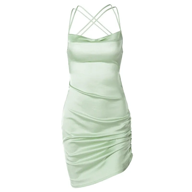 Satin Strap Mini Ruched Lace Up Cross Bandage Backless Bodycon Party Elegant Club Beach Slim Dress