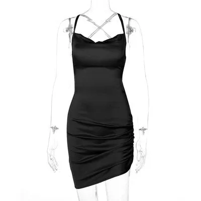 Satin Strap Mini Ruched Lace Up Cross Bandage Backless Bodycon Party Elegant Club Beach Slim Dress