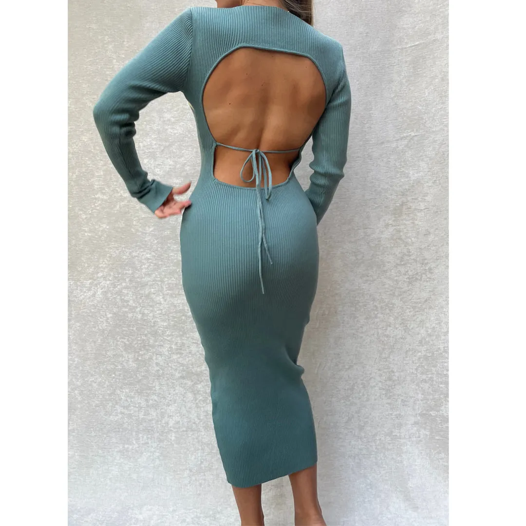 SEKHMET Teal Long Sleeve Bodycon Open Back Midi Dress