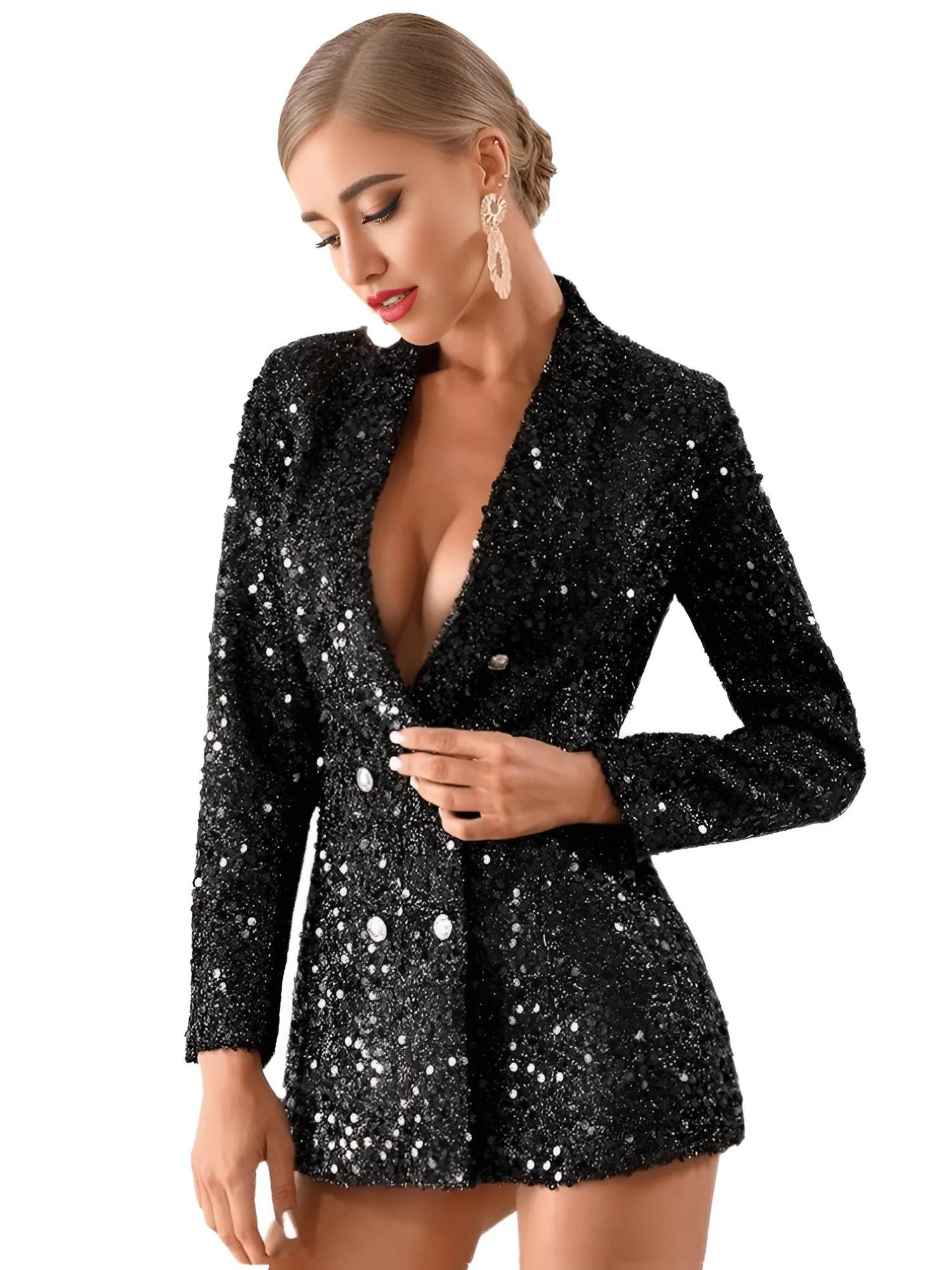 Sequin Double Breasted Blazer Dress Black